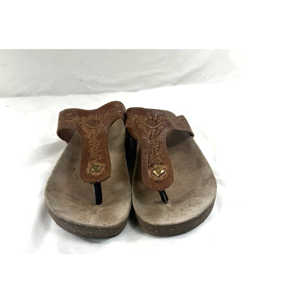 Brown Embossed Leather Thong Sandals - Women